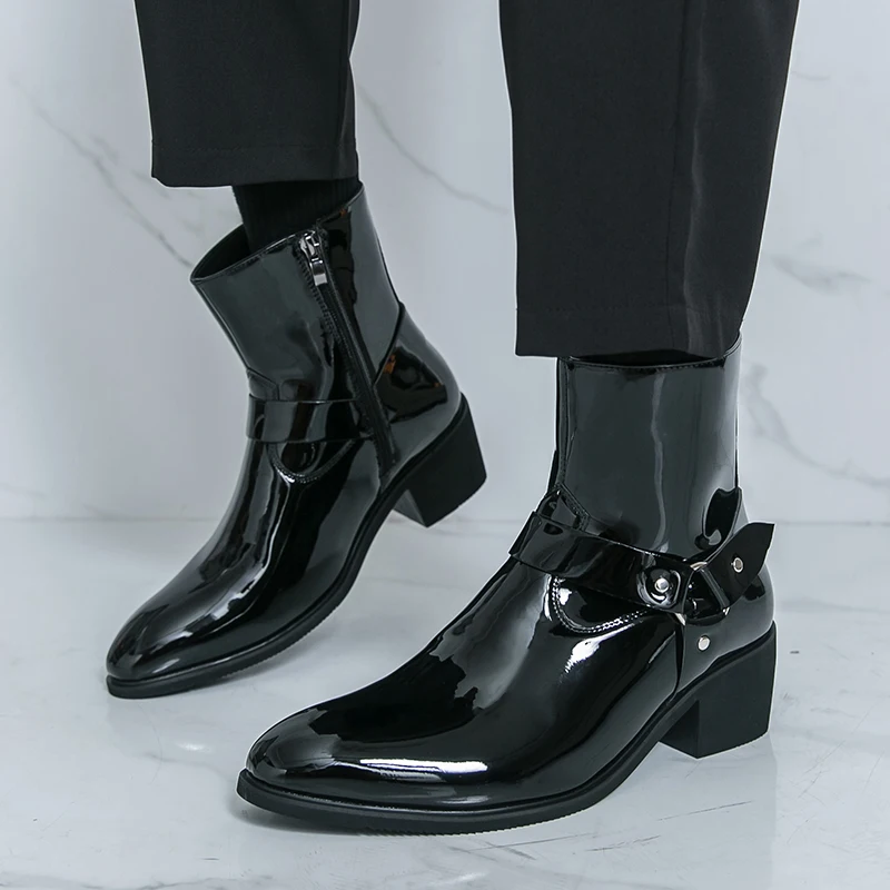 Męskie buty za kostkę z PU, szpiczasty nosek, modne, wygodne, na wysokim obcasie.