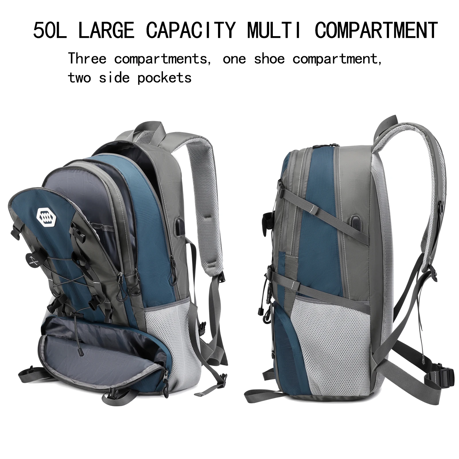 50L large capacity hiking outdoor backpack, waterproof camping backpack with shoe compartment, hiking backpack for men and women