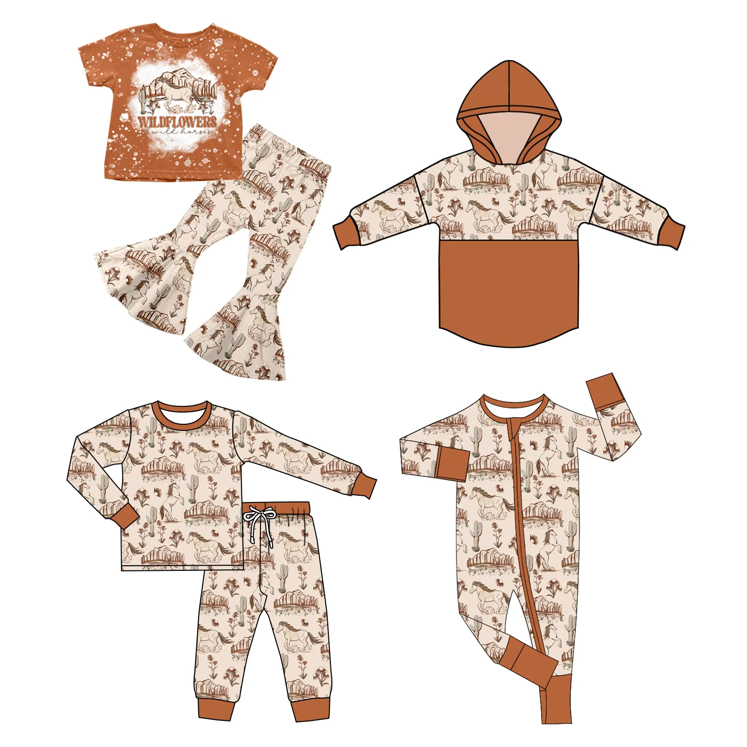 Western Series Toddler Boys Clothes Baby Girl Clothes Short Sleeve Bell Bottom Set Pajama Sets Rompers Hoodies Boutique Kids Set