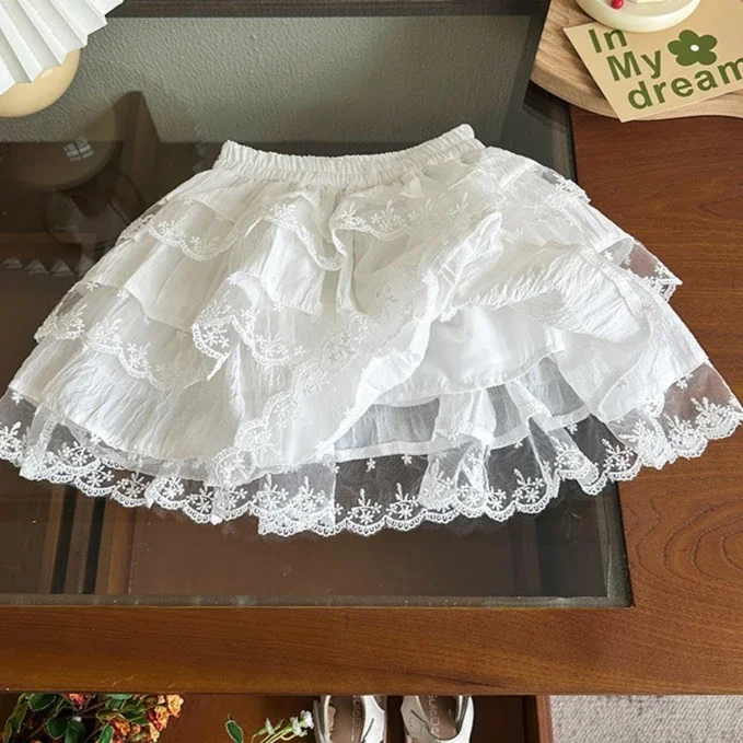 

Girls Skirt 2025 Summer New Children's Clothing Korean Style Girls Baby Fashion Sweet Lace Frilly Skirt Casual Simple Daily