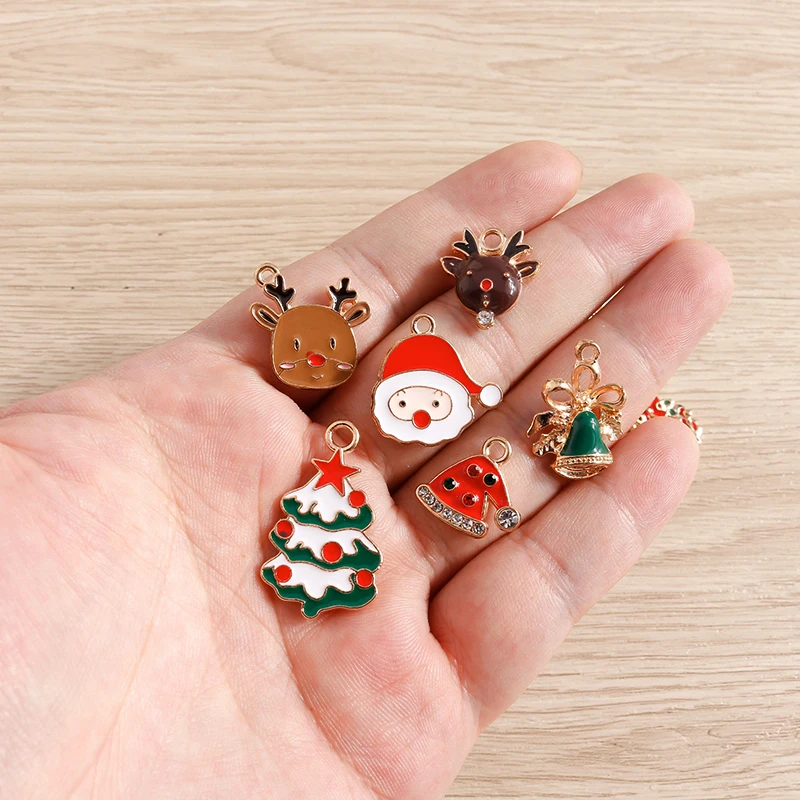 10pcs Mix Cute Enamel Christmas Charms for Jewelry Making Christmas Tree Deer Bell Charms Pendants for Necklaces Earrings Gifts