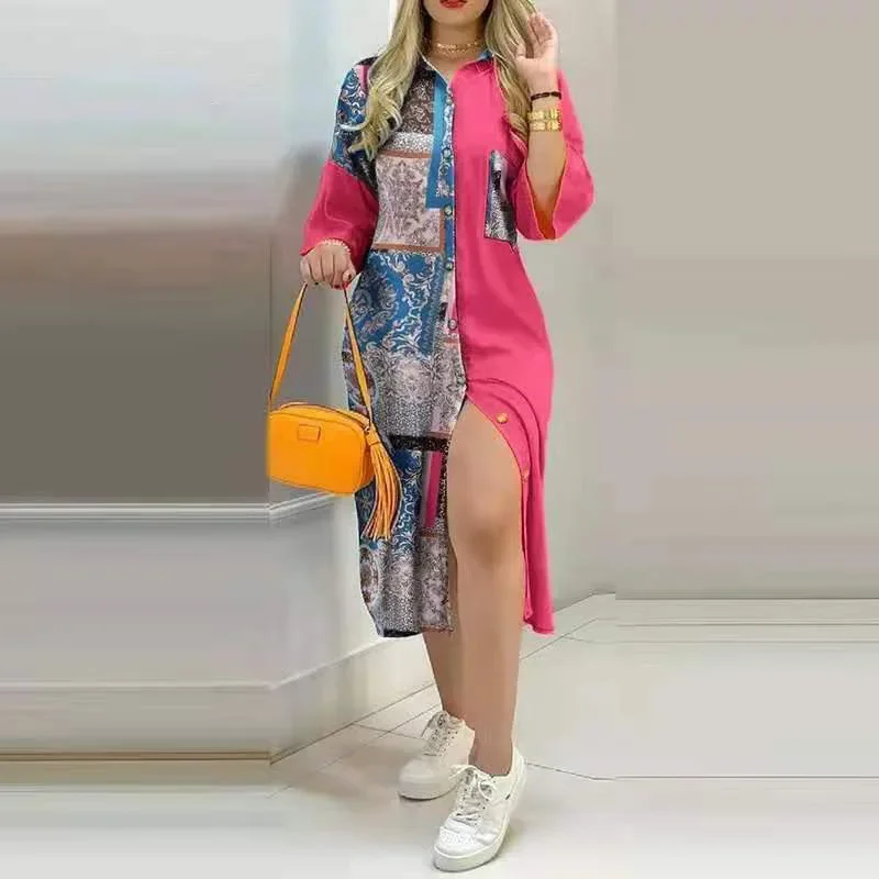 

Contrasting Colors Spring New Women Patchwork Pocket Printing Forking Single-breasted 3/4 Sleeve Loose Comfortable Shirt Dress