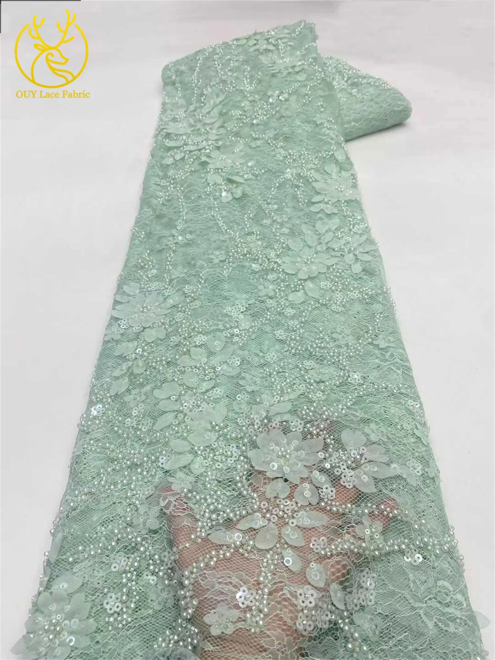 Afrikanischer nigerianischer Bräutigam-Perlen-Spitzenstoff 2026, französisches Netz, 3D-Applikation, Pailletten-Spitzenstoff für Party, Hochzeit, Kleid, Nähen, 5 Yards – Detail 8