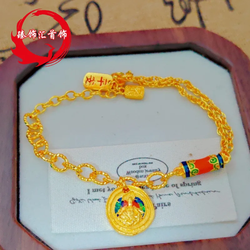 

Браслет из вьетнамского песочного золота с эмалью в стиле Gold Store 2026, с изображением Желтого Бога Богатства, разноцветные бусины-бочонки, цепочка AB, ювелирное украшение для женщин