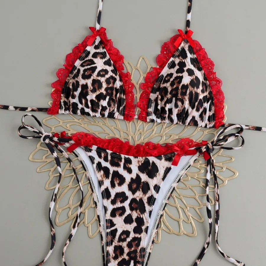 

​ 2025 сексуальный кружевной комплект бикини с леопардовым принтом, высококачественный купальник с животным принтом для женщин, комплект из 3 предметов, трикини с пуш-ап, пляжная одежда ​