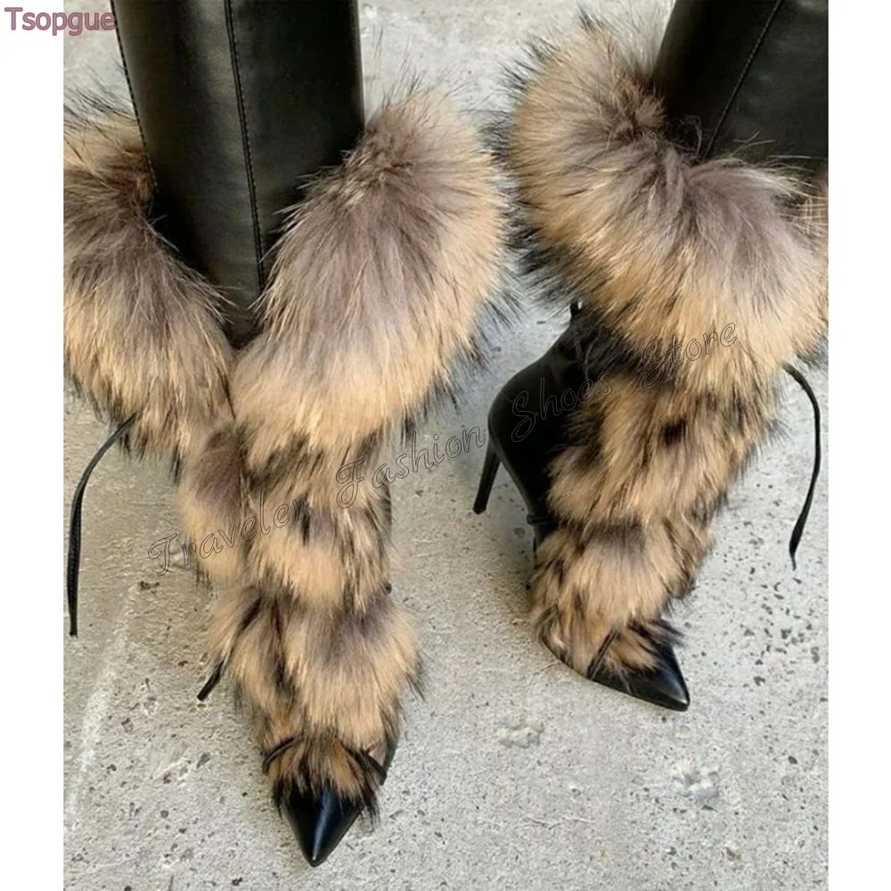 

Black Feather Decor Boots Matte Leather Mid Calf Pointed Toe High Heel Shoes for Women Sexy Heels 2024 New Zapatos Para Mujere