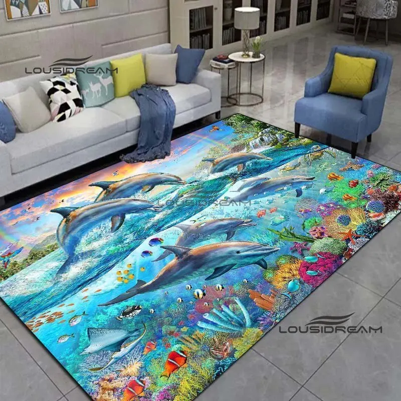 

Dolphin Carpets and Rug 3D Printing Underwater World Carpet Floor Mat Living Room Bedroom Large Area Soft Carpet Kids Room Rug