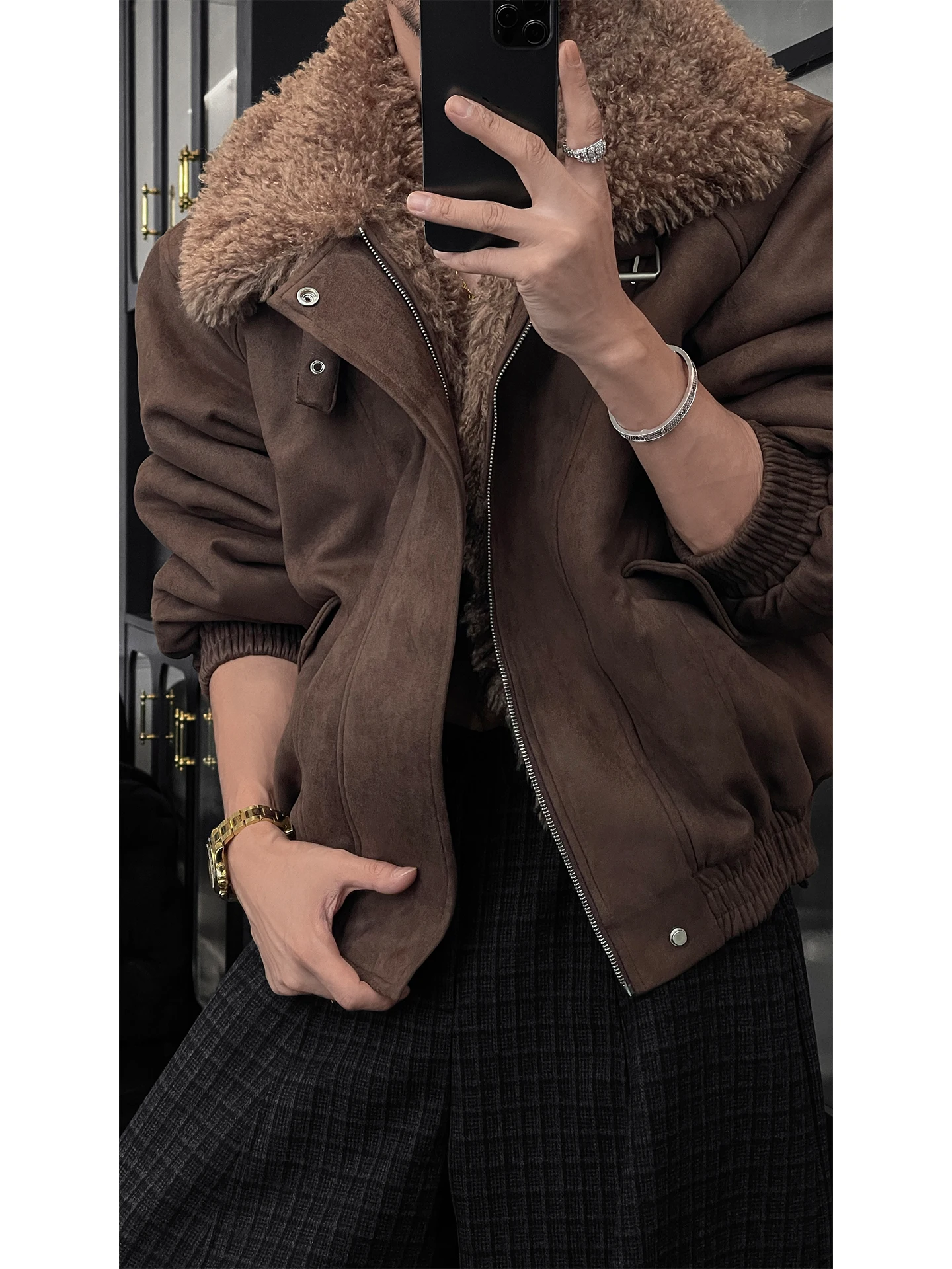 سترة رجالية جديدة لخريف وشتاء 2025 راقية على الطراز الأمريكي بتصميم كلاسيكي وياقة من الفرو الصناعي وسترات بسحاب بلون سادة معاطف مريحة فضفاضة #2