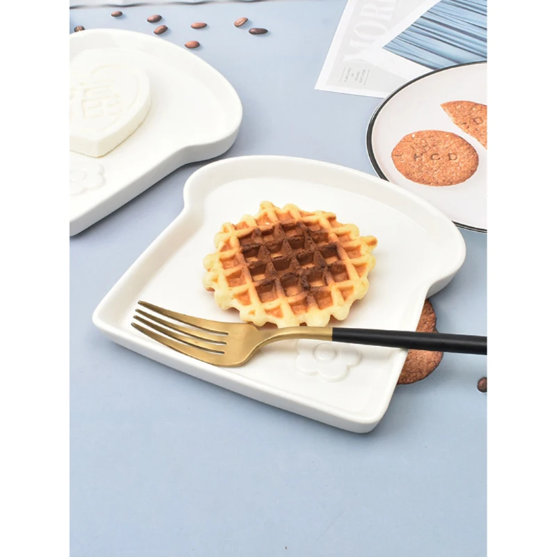 Korean Style Simple Ceramic Plate Creative Toast Shape Floral Relief Solid Color Porcelain Dinnerware Cake Dessert Plates