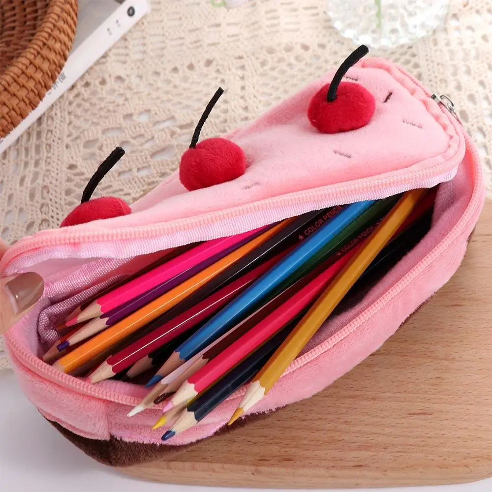 Creative Cherry Cake Plush Pen Bag Large Capacity Cosmetic Bags Stationery Bag Kawaii Exquisite Pencil Pouch Stationery Box