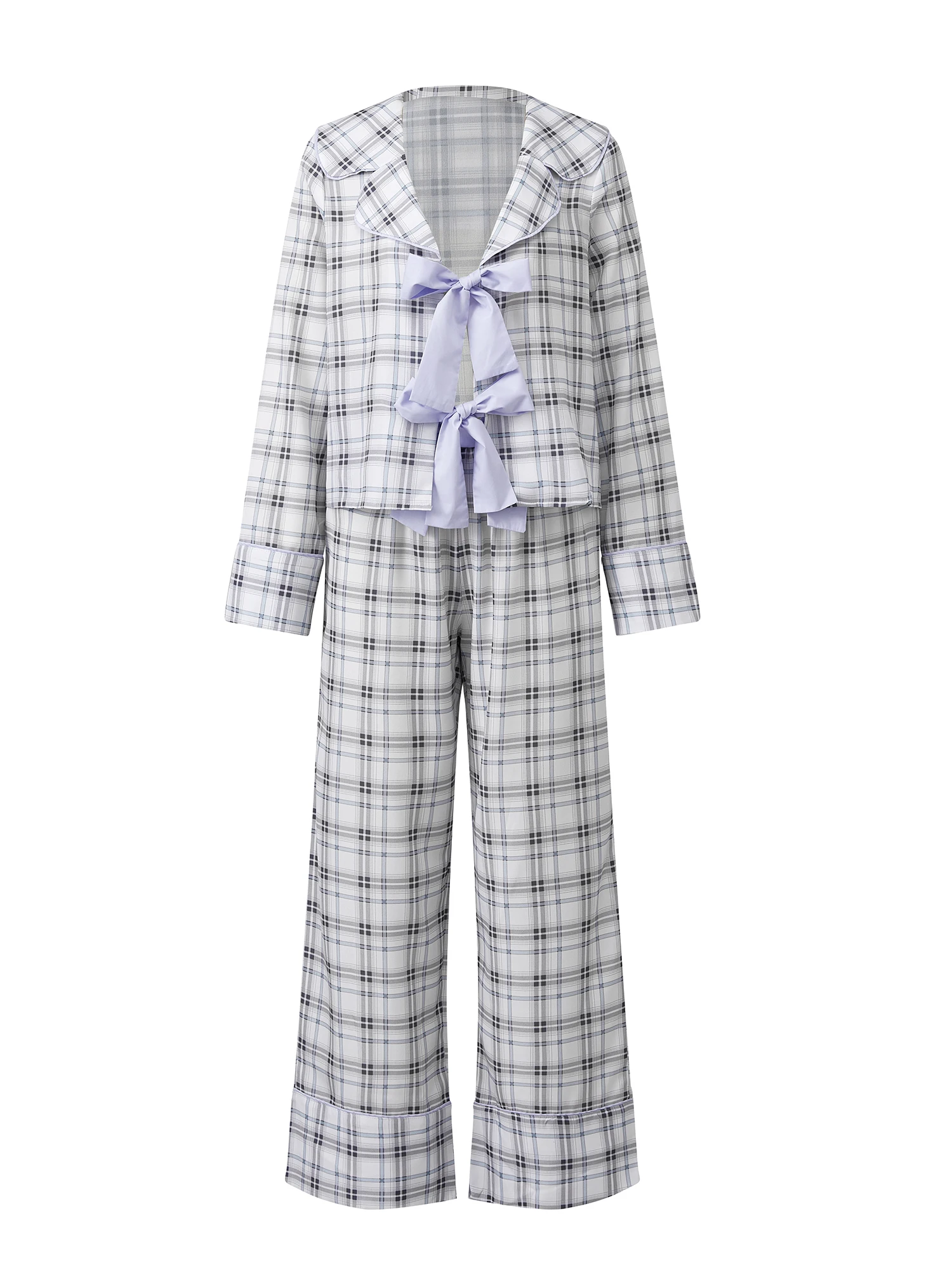 

Женские пижамные комплекты из 2 предметов, клетчатые топы с длинными рукавами и галстуком-бабочкой спереди и брюки с эластичной резинкой на талии, одежда для сна