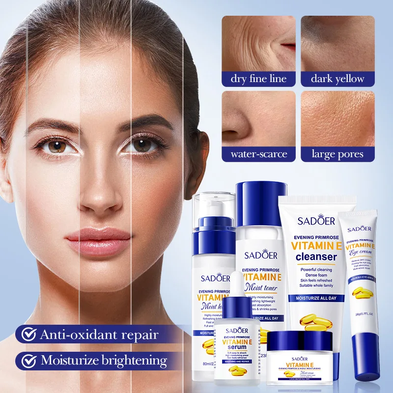 Sadoer Evening Primrose Vitamin E High Moisturizing and Hydrating Six-Piece Set, Deeply Cleanses the Skin, Removes Oil from the Skin, Makes the Skin White and Translucent, Soothes and Softens the Skin, Nourishes and Moisturizes, and Helps Inhibit Melanin Production, Thus Giving the Skin a Soft, White, and Youthful Appearance