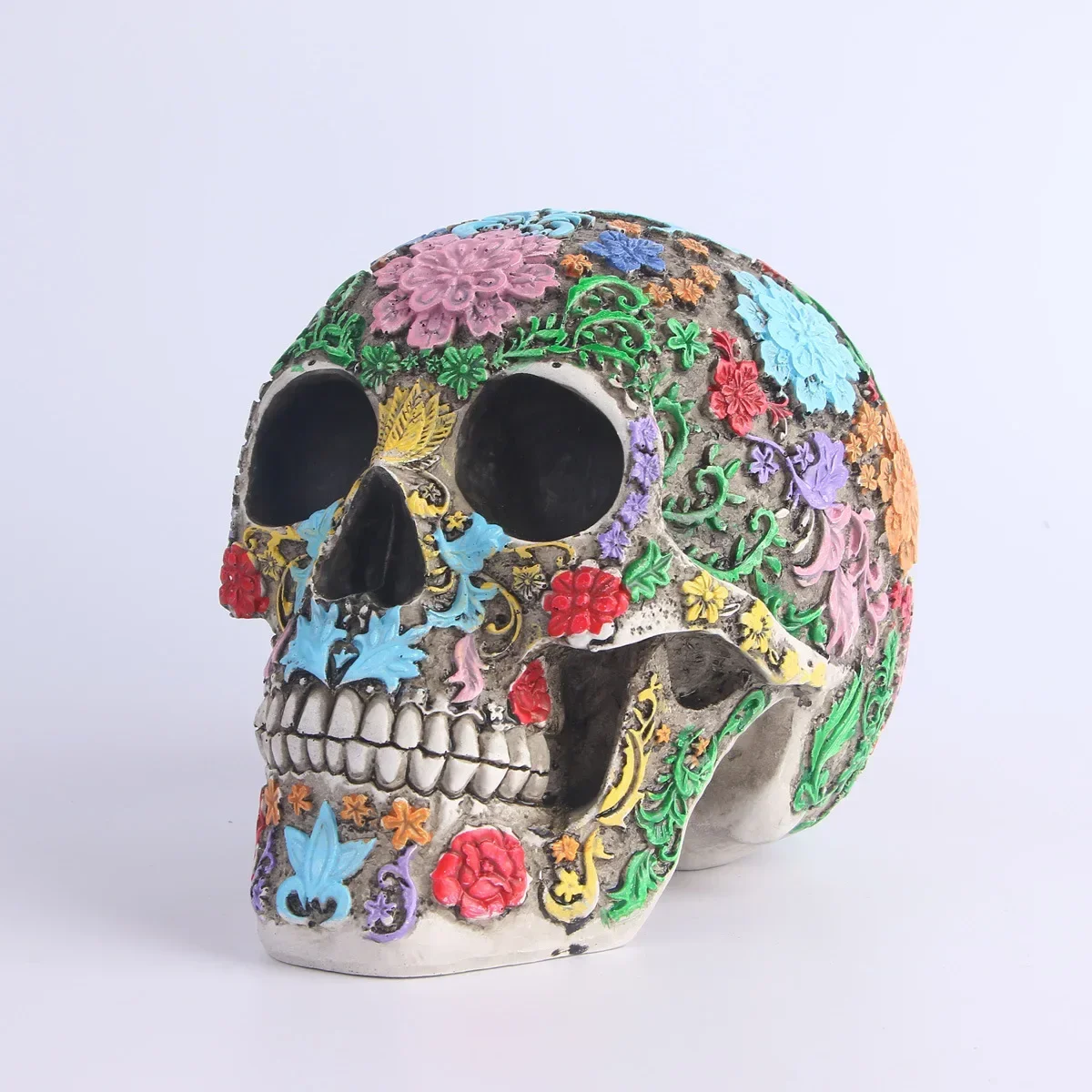 Life Size Colorful Floral Human Head Skull Statue Adult Head Bone Model Day of The Dead Decor Figurine Home Room Decorations