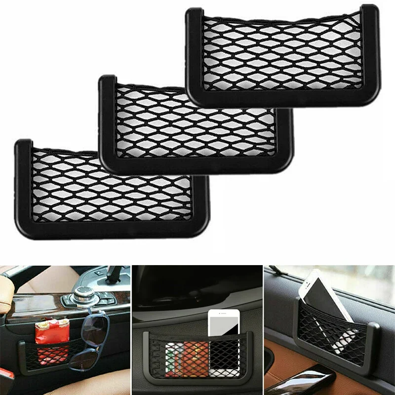 Multifunctional Car Net Pocket Storage Bag Paste Net Pocket Phone Holder Car Key Card Organizer Auto Interior Decor Accessories