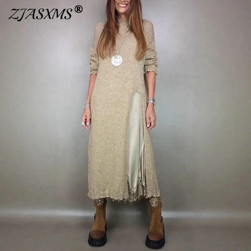 Sexy V-ausschnitt Spleißen Spitze Ärmelloses Kleid Anzug Frau O Neck Split Lange Top Pullover Outfit Herbst Winter Solide Stricken Pullover Set
