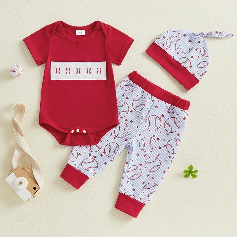 เด็กทารก 3 ชิ้นชุดกางเกงแขนสั้น O คอเบสบอลเย็บปักถักร้อย Romper กางเกงหมวก