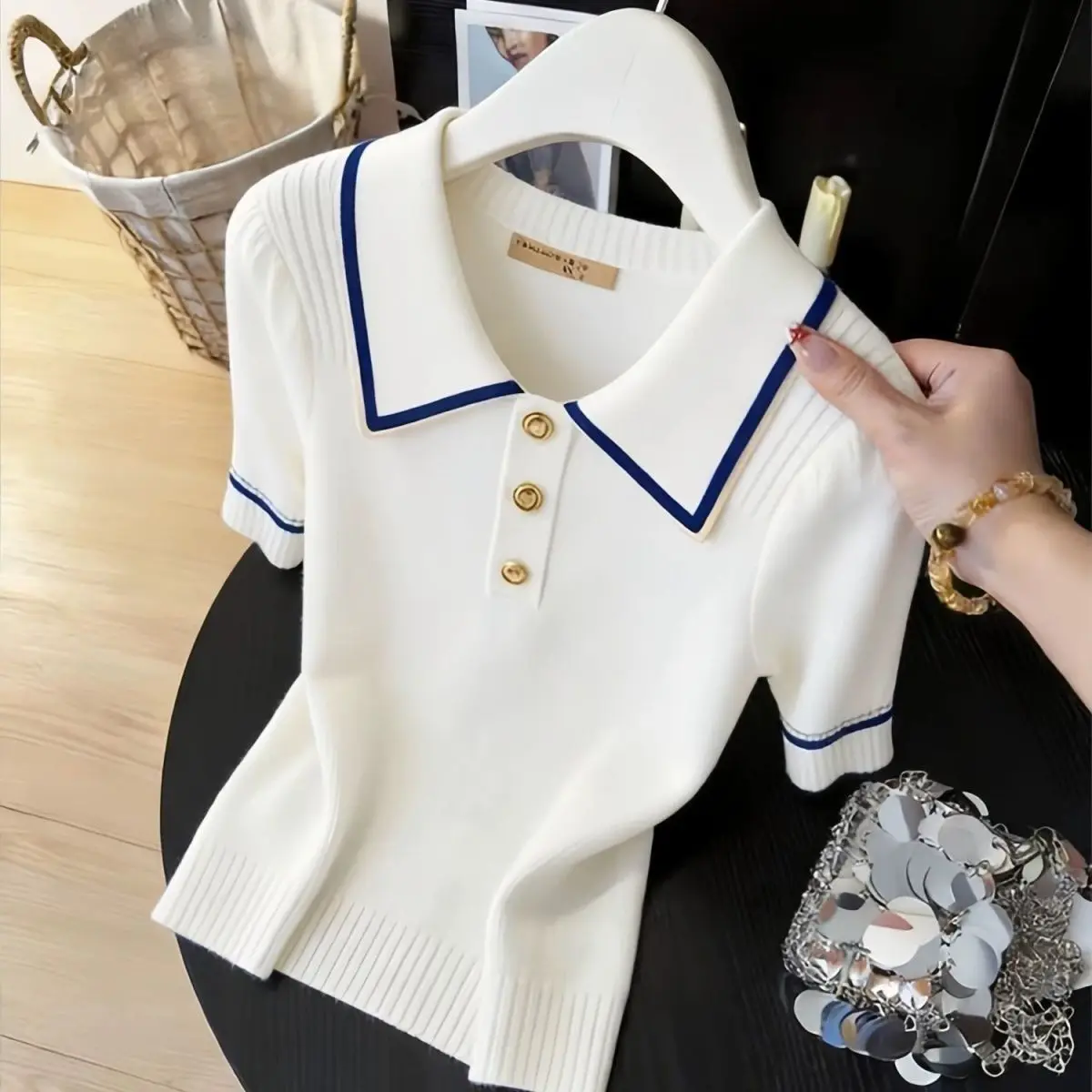 

Polo Neck Ice Silk Short Sleeved T-shirt New Korean Version Summer Stylish Slim Fit and Loose Top