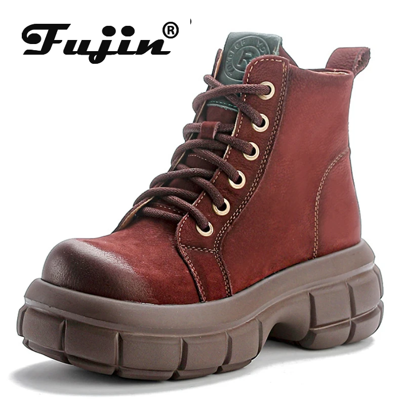 

Fujin 6cm Ethnic Autumn Spring ZIP Motorcycle Fashion Shoes Genuine Leather Wedge Platform Women Boots Wide Toe Ankle Booties