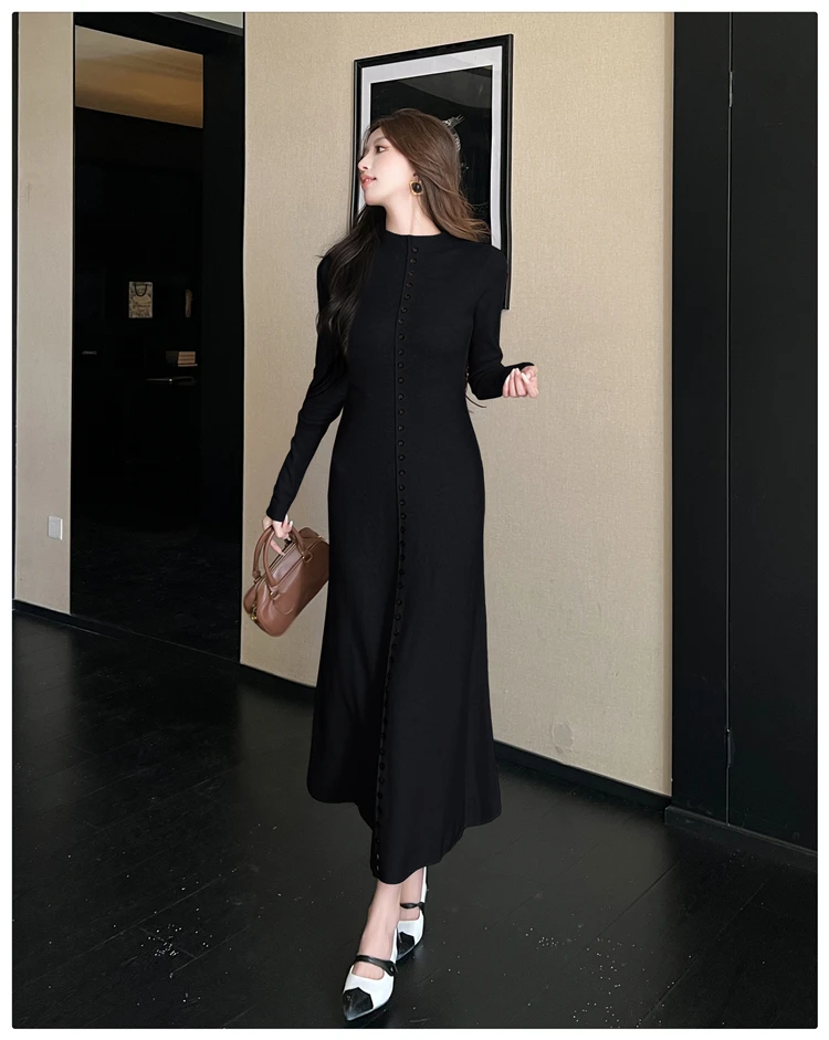 한국 우아한 니트 롱 맥시 드레스 여성 2026 봄 긴 소매 싱글 브레스티드 드레스 슬림 클래식 여성 의류
