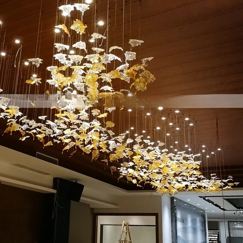 

Hotel lobby real estate lights non-standard engineering butterfly chandelier large glazed maple leaf streamer art crystal lamp