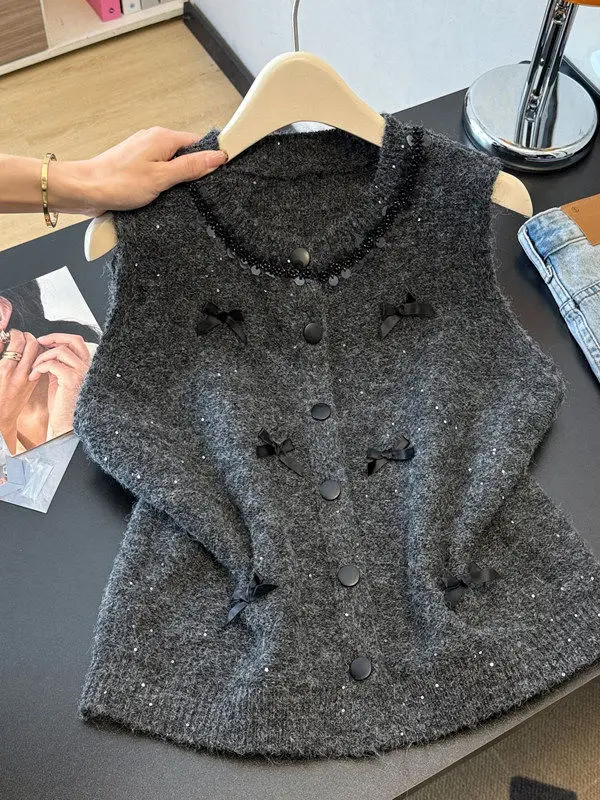 

Casual Sle Knitted Open Cardigan Svel Large Size Inner Wear Knot Vest Anti-Aging Women's Faion Bright Seq...