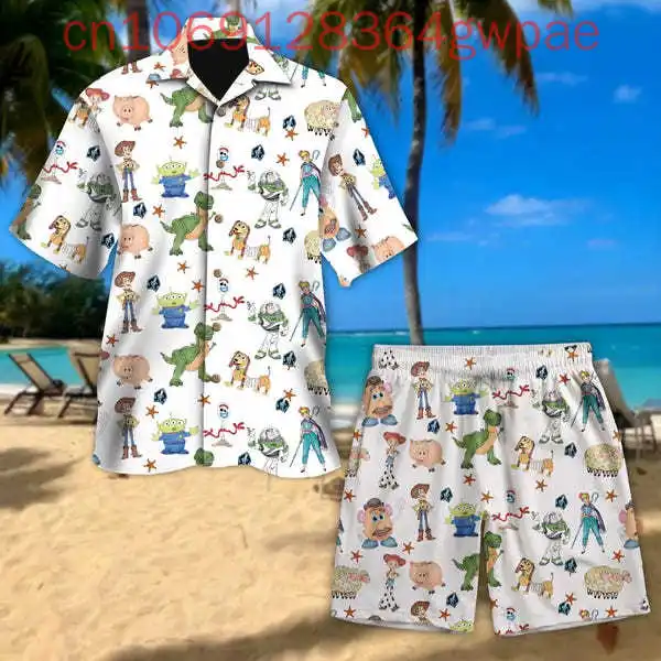 Disney Woody Hawaiian Shirt Shorts Set Toy Story Buzz Lightyear Summer Men's Women's Casual Short Sleeve Beach Shirt Suit