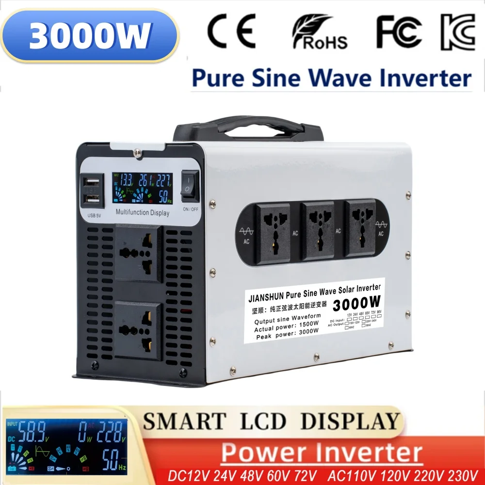 Portable Pure Sine Wave Inverter DC 12V 24V 48V 60V 72V To AC 110V 220V Voltage 50Hz 60Hz 3000W Connector Car Inverter with USB