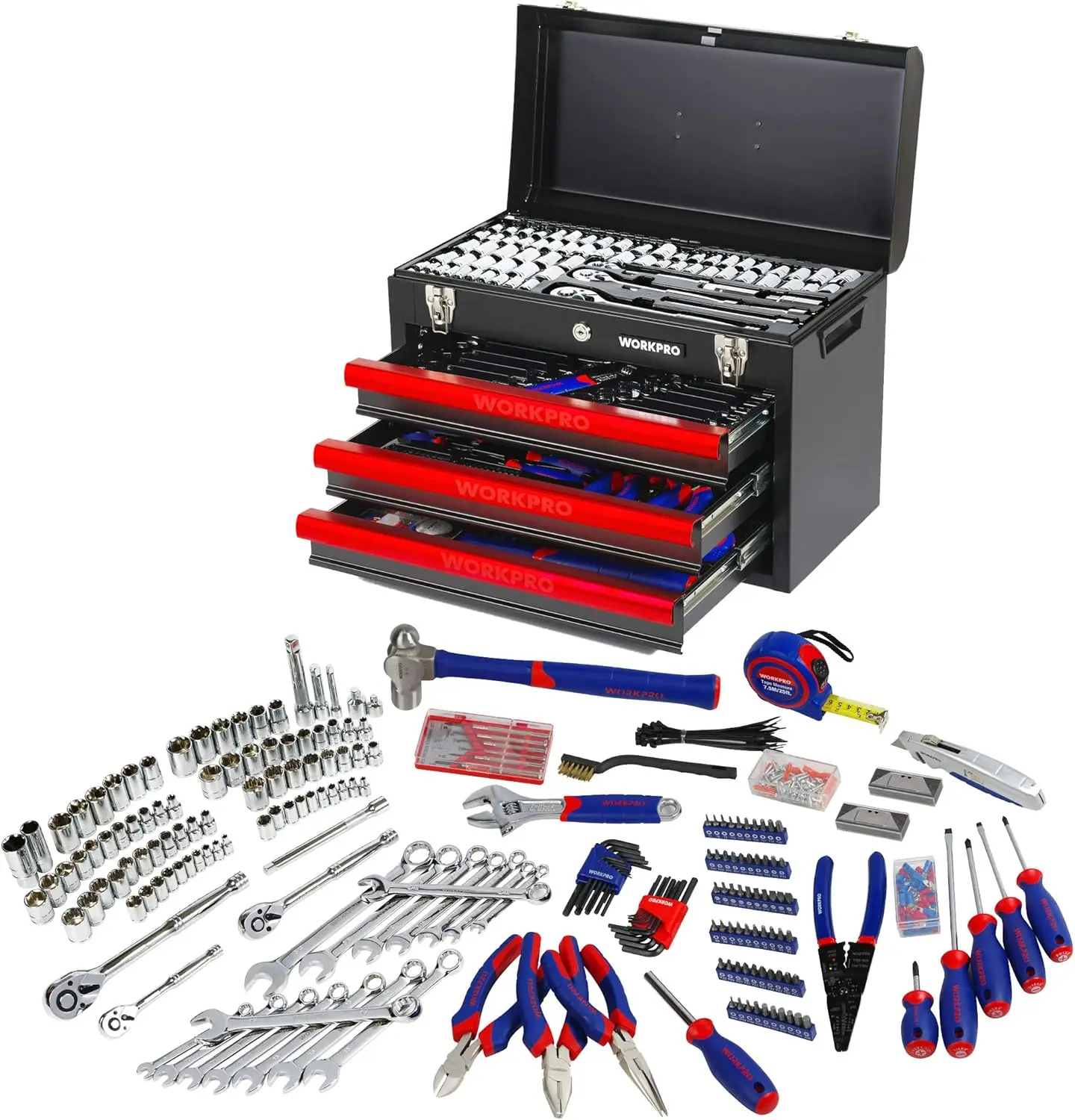 PRO 408-Piece Mechanics Tool Set, General Household Home Repair Tool Kit with 3-Drawer Heavy Duty Metal Box, Hand Tool Kit Set 1