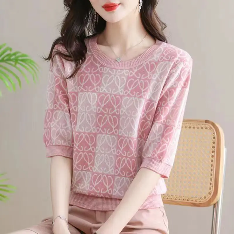 TuangBiang Female Summer Elegant Crochet 2023 Cotton Pullover O-Neck Knitted Short Sleeves T-Shirts Women Pink Thin Loose Tops