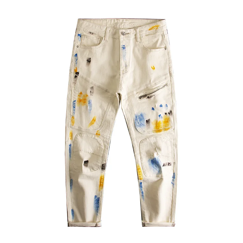 Graffiti printed patchwork jeans men's beige trendy brand high-end stretch slim fit small foot heavyweight denim pants
