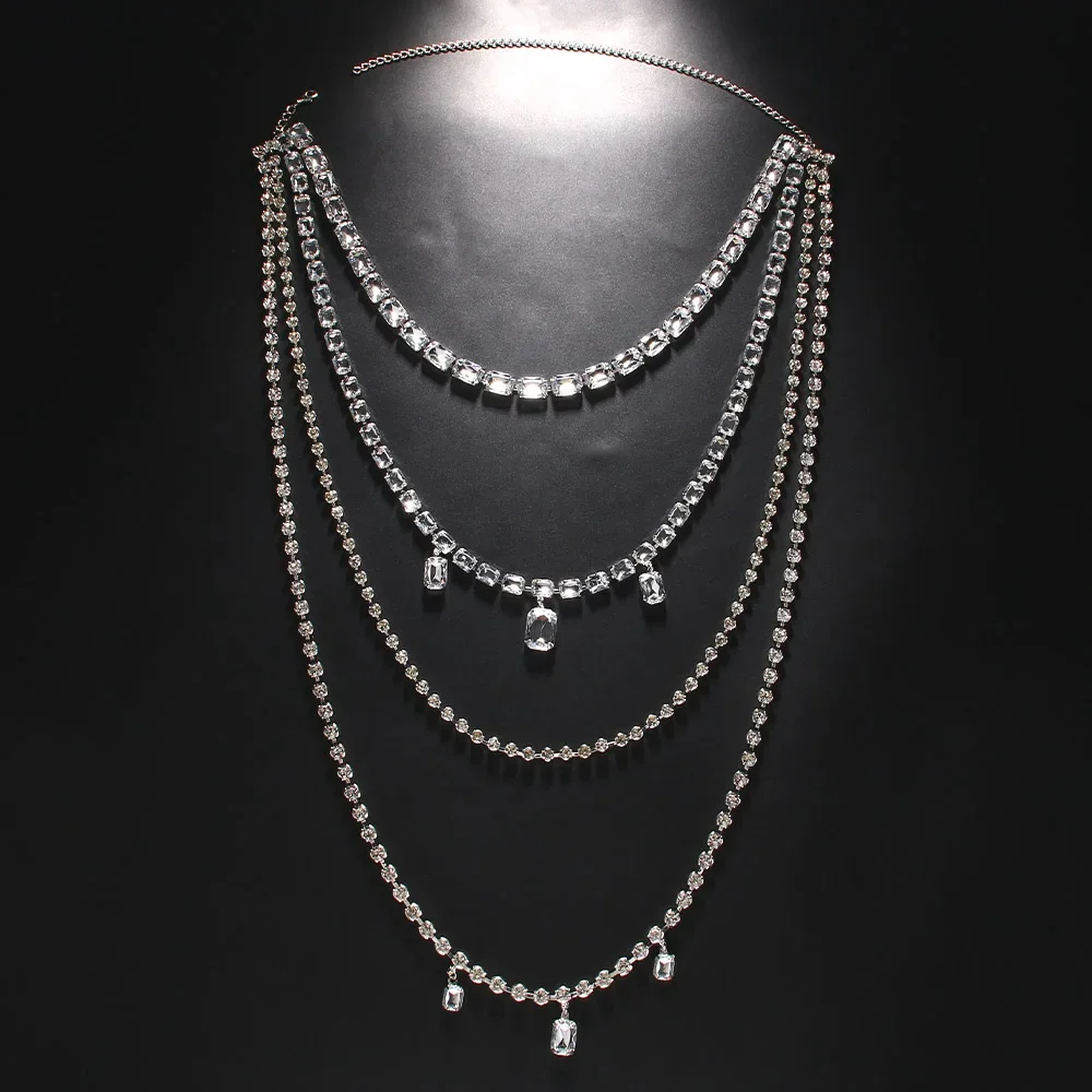 Shine Rhinestone Long Tassel Back Body Chain Body Jewelry for Women Crystal Multilayer Big Square Pendant Should Chain Necklace