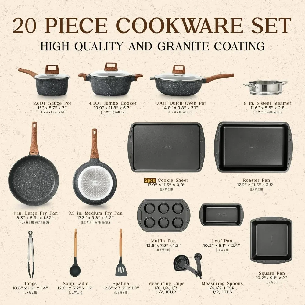 20 Piece Kitchen Cookware Set, Granite Non-Stick Eco Friendly for All Stoves Adn Oven-Safe Marble Coating, Pots and Pans Sets