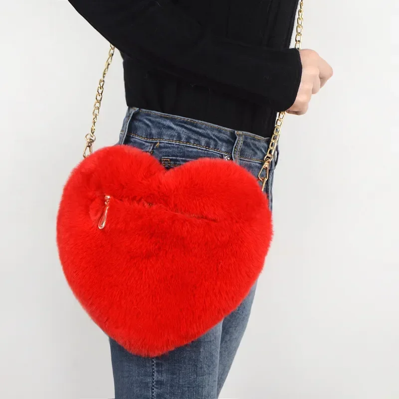 Fashion Women Heart Shaped Handbags Wallet Purse Plush Chain Shoulder Bags Ladies Handbag Cute Kawaii Faux Fur Crossbody Bags