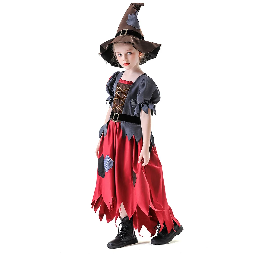 Girls New Halloween Cosplay Costume Wizard Magic Hat Scarecrow Dress Vampire Theme Party  vampire Role playing Set - Image 4