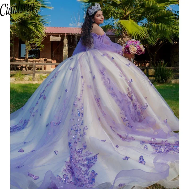 Lilac Quinceanera Dresses for Girls Strapless Off the Shoulder 3D Flowers Vestidos 15 De Quinceañera Customized