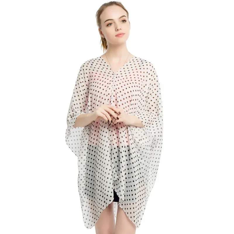 2025 New Wave Point Pearl Buckle Beach Towel Printed Chiffon Shawl Summer Female Sunscreen Shawl Cloak Poncho Capes White