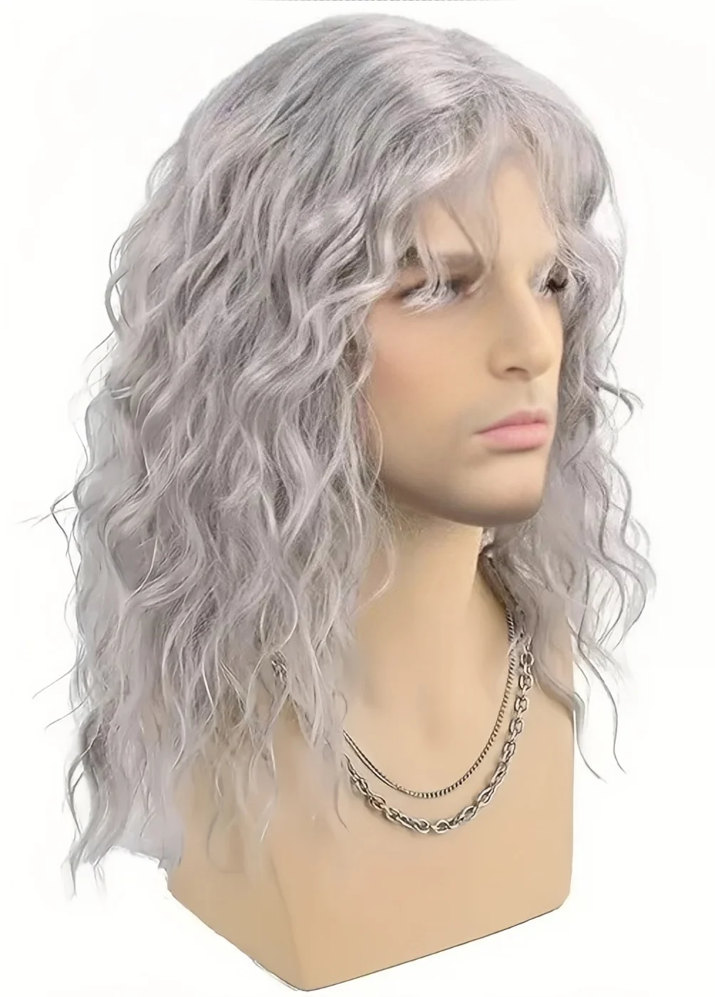 Synthetic Men's Wig Grey Natural Curly Male Wig with Bangs Water Wave Daily or Cosplay for Men Adjustable Wig image 2