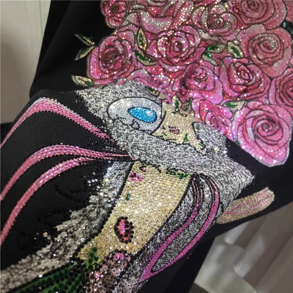 L-4XL Plus ขนาดลําลอง T เสื้อผู้หญิง Florals Rhinestone ฤดูร้อนแขนสั้นหลวม Tops เสื้อผ้าสตรีана Ж