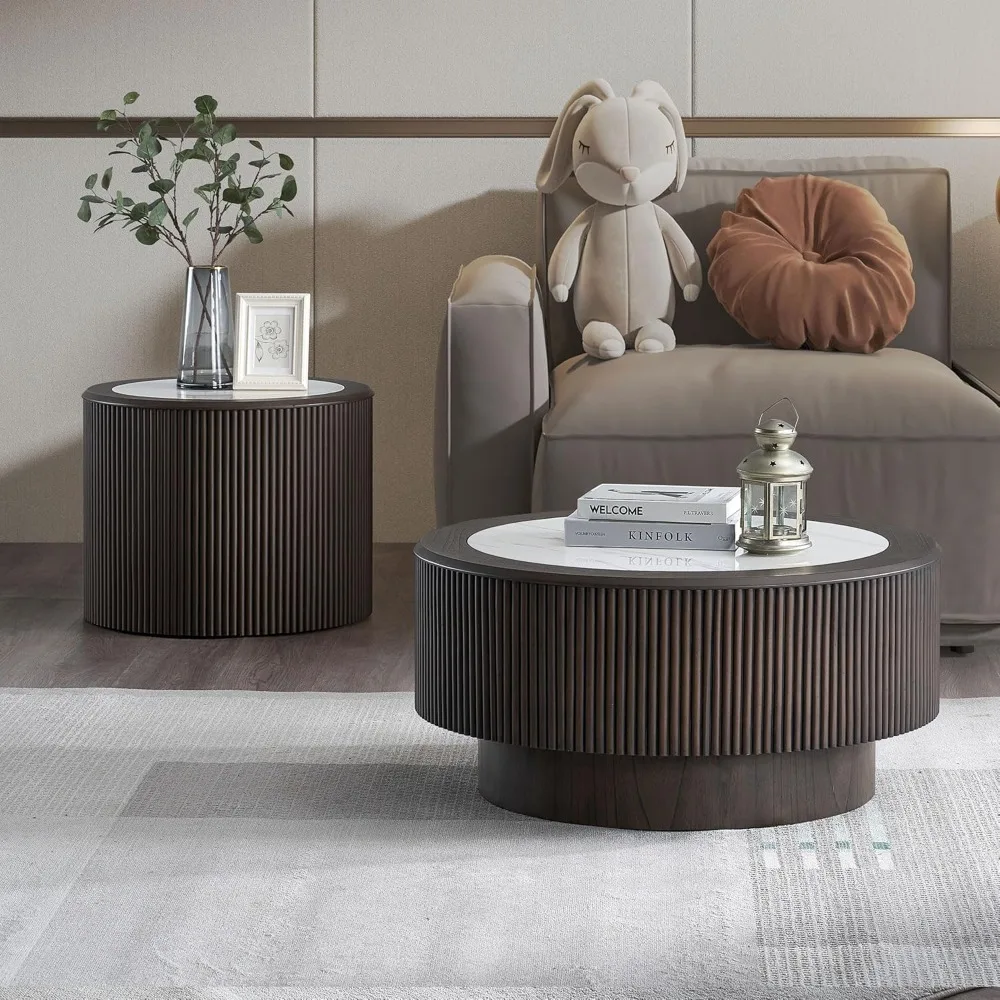 طاولة جانبية مستديرة حديثة منقوشة بالرخام، طاولة قهوة خشبية صغيرة لغرفة المعيشة ومنطقة الأريكة