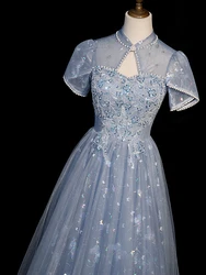 Robe de Soirée Légère de Luxe Haut de Gamme, Tenue de Banquet, de Fiançailles, de Tempérament Féminin, Bleue, pour Cérémonie d'Adulte, d'ret d'Art pour Étudiant