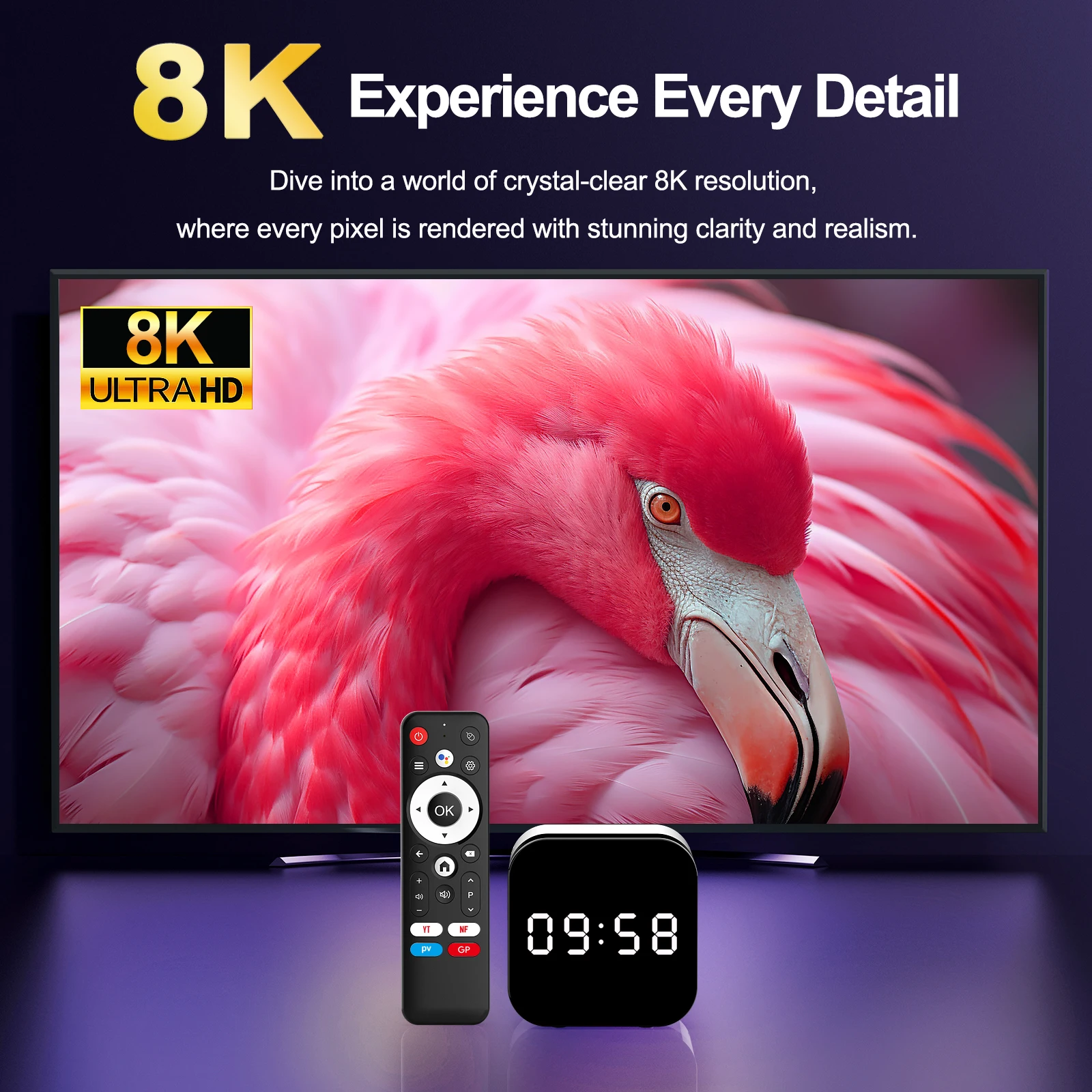 H96 MAX H728 Smart TV Box Android14 Tvbox 8K 4K@60fps 1000M/LAN Wifi6 BT5.0 Google Voice Assistant Netflix AV1 HDR10+ Clock