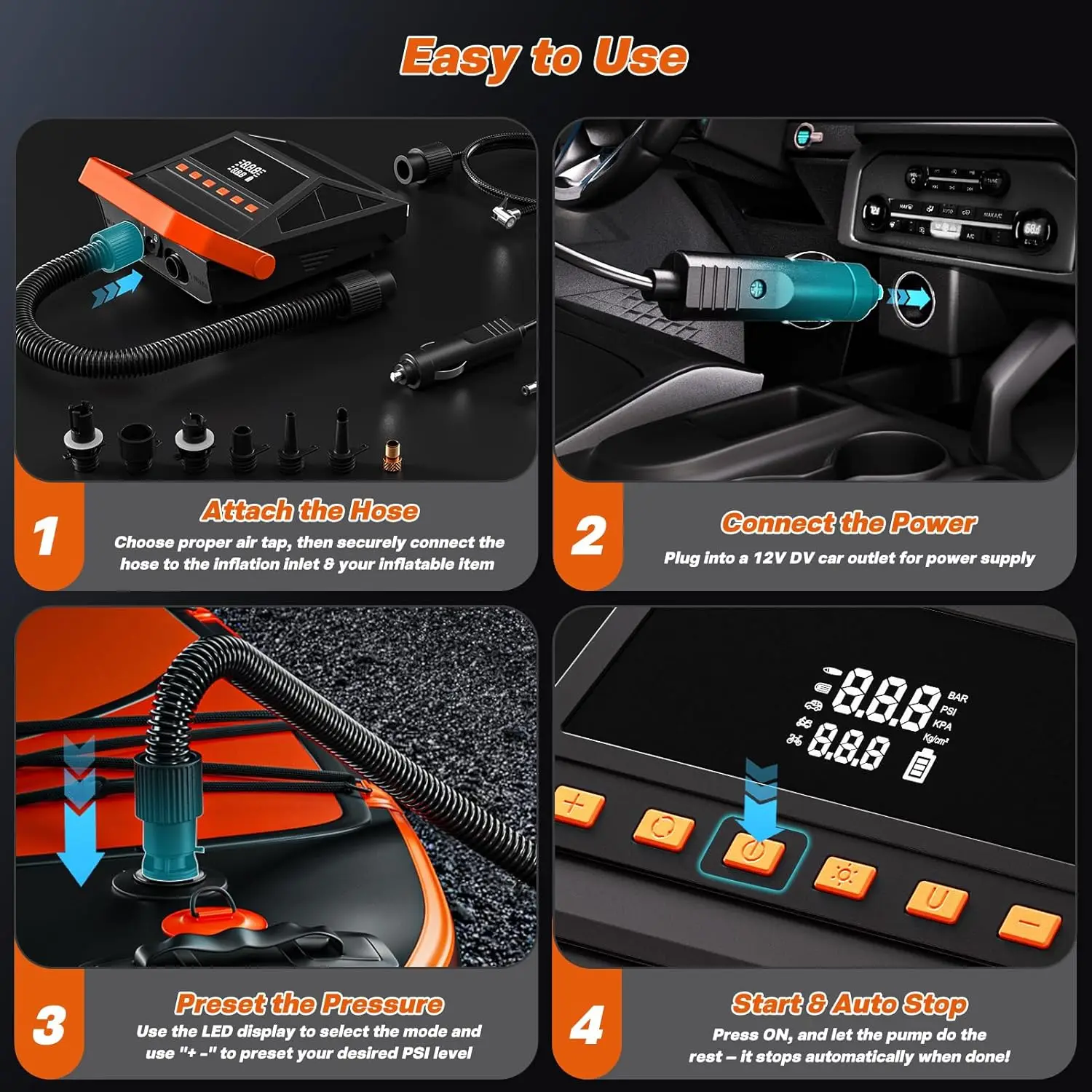 Electric Portable SUP Pump with Auto-Off, 50PSI High Pressure for Inflatables, Car Tires, Bikes