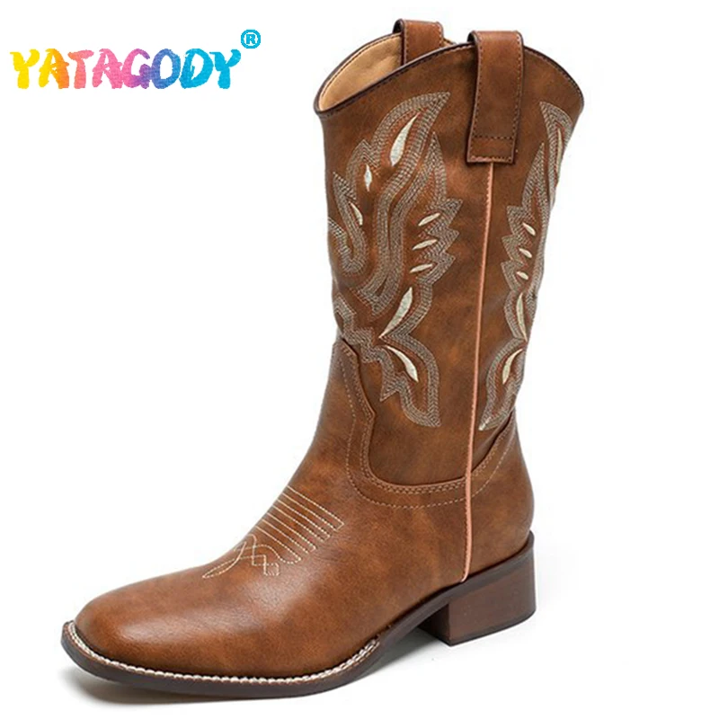 

YATAGODY Size 35-40 Western Cowboy Boots For Women Winter Chunky Shoes Woman Embroidered Knight Boots Square Head Short Boots