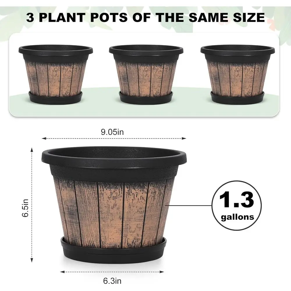 Set of 3, 9 Inch Whiskey Barrel Style Planters with Drainage and Saucer - Plastic Outdoor & Indoor Garden Pots (Brown)