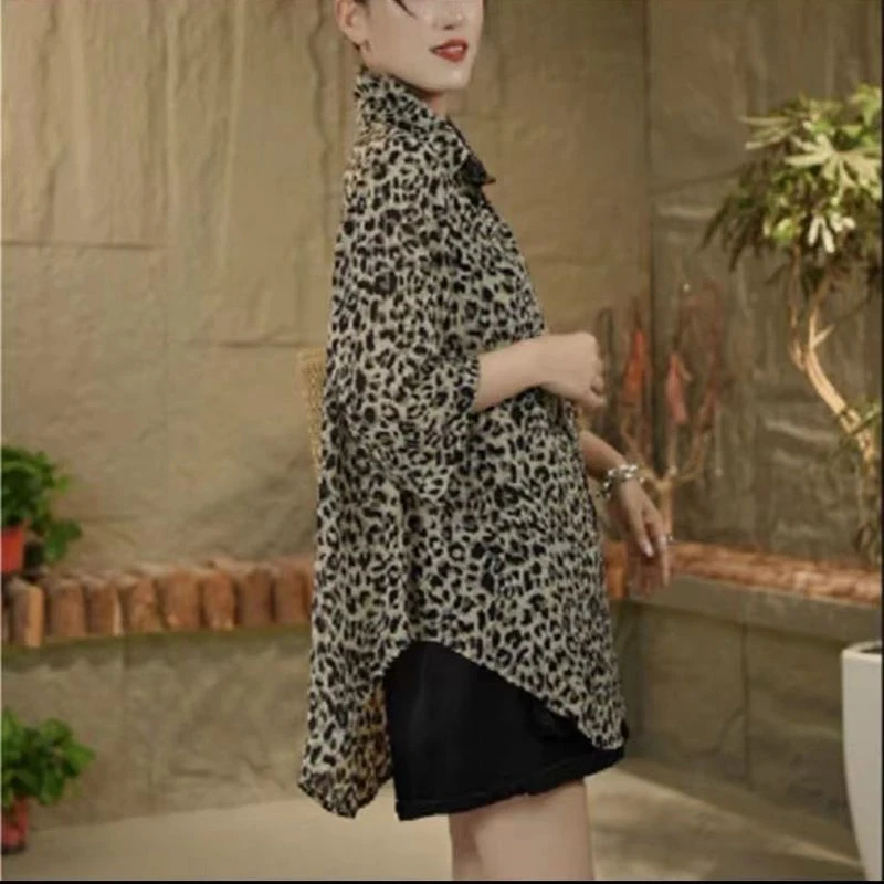 Spring Summer Leopard Loose Casual Shirt Women Turn-down Collar Single Breasted Long Sleeve Blouse Ladies Thin Style Cardigan