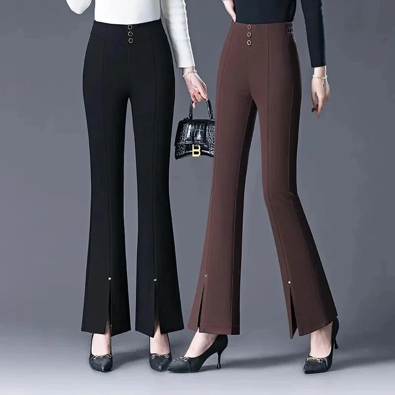 2024 Spring Summer Women's Front split Micro Flared Pants Self Cultivation Ladies Pants Versatile Elastic Waist Femme Trousers