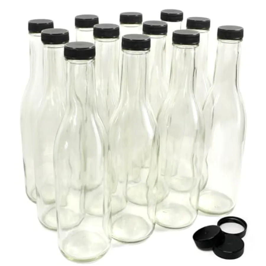 

- Clear Glass Woozy Bottles 12 Oz 375ml - Case of 12 Lovely Bottles Packed in Sturdy Box with 15 Black Screw Caps (Yes That's 3