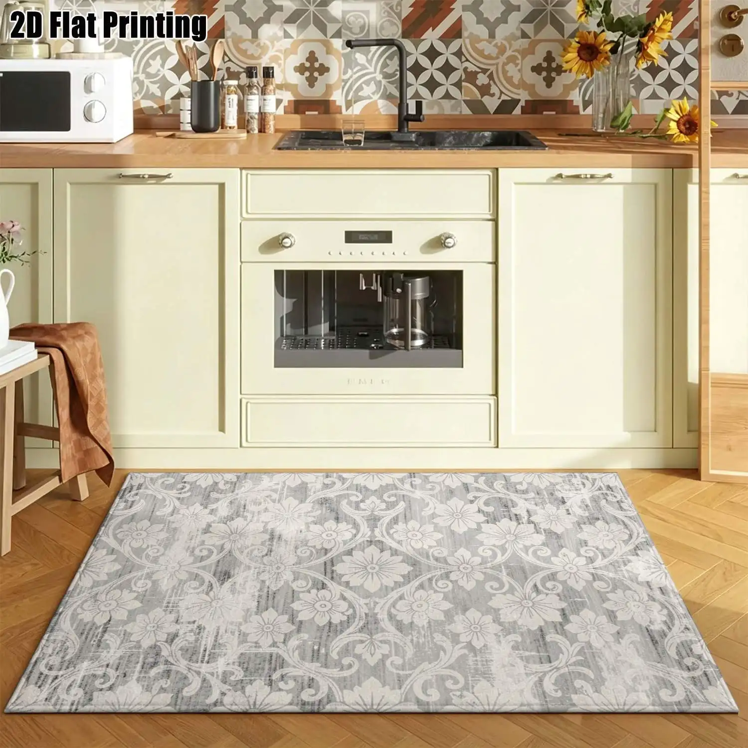 1Pc 2D Printed Carpet: Gray Base, Cream-White Scroll Flower Pattern, Modern Simple Retro European Style, Multi-Size, Machine Washable, Ideal for Home Decor & Various Floor Mats