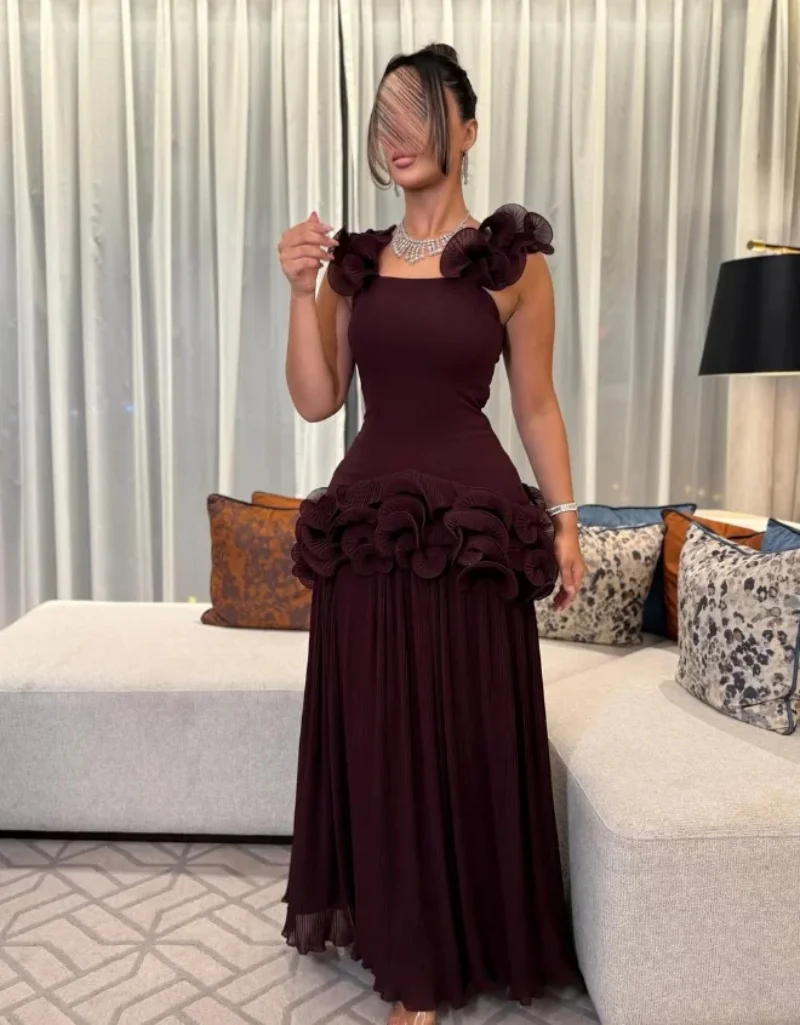 

Customized High Quality Square Neck Prom Dresses Pleated 3D Flowers Waist Women Evening Dresses Backless Plus Size Vestido Lorie