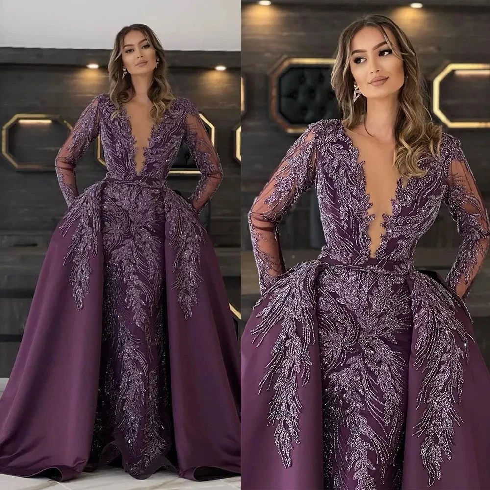 

Luxury Purple Evening Dress Sheer Long Sleeves Jewel Neck Lace Appliques Beads Prom Gowns with Overskirts Party Dresses